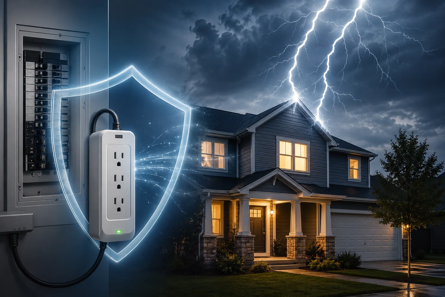 Modern home protected by a whole-home surge protection system during severe weather.