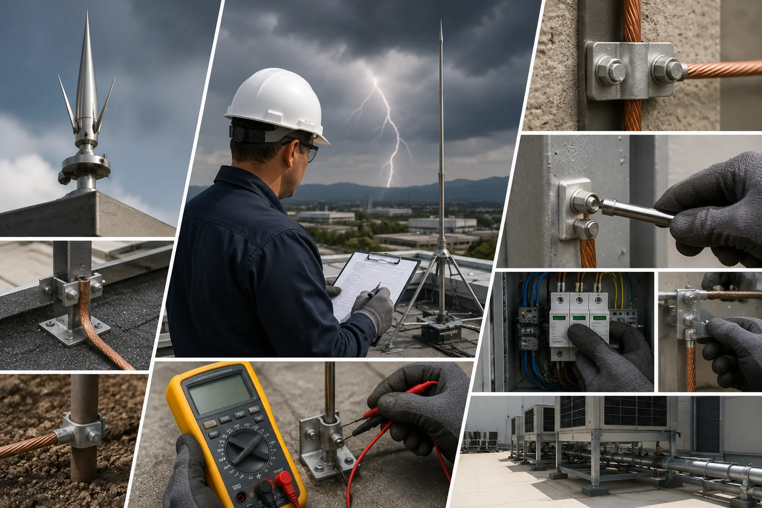 Commercial lightning protection inspection showing rooftop equipment, grounding systems, and electrical components being tested.