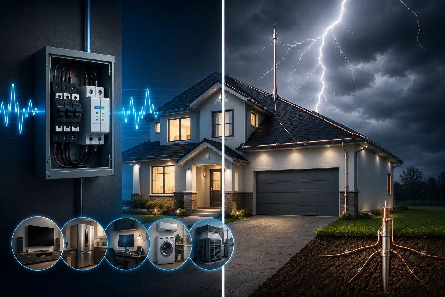 Residential home equipped with surge protection, lightning rods, and grounding systems to reduce lightning damage during severe storms.