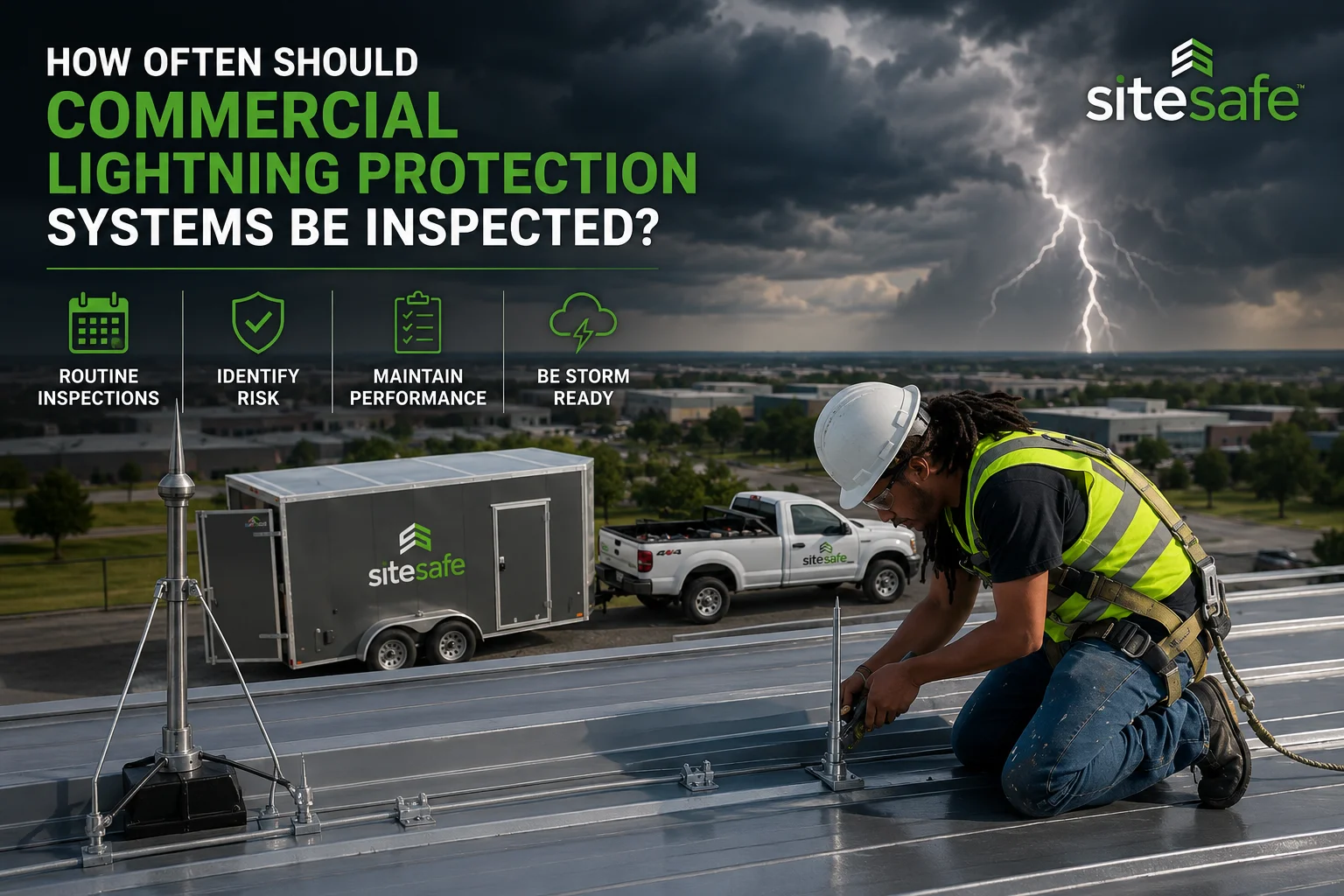 Commercial lightning protection inspection technician evaluating a rooftop lightning protection system before a storm.