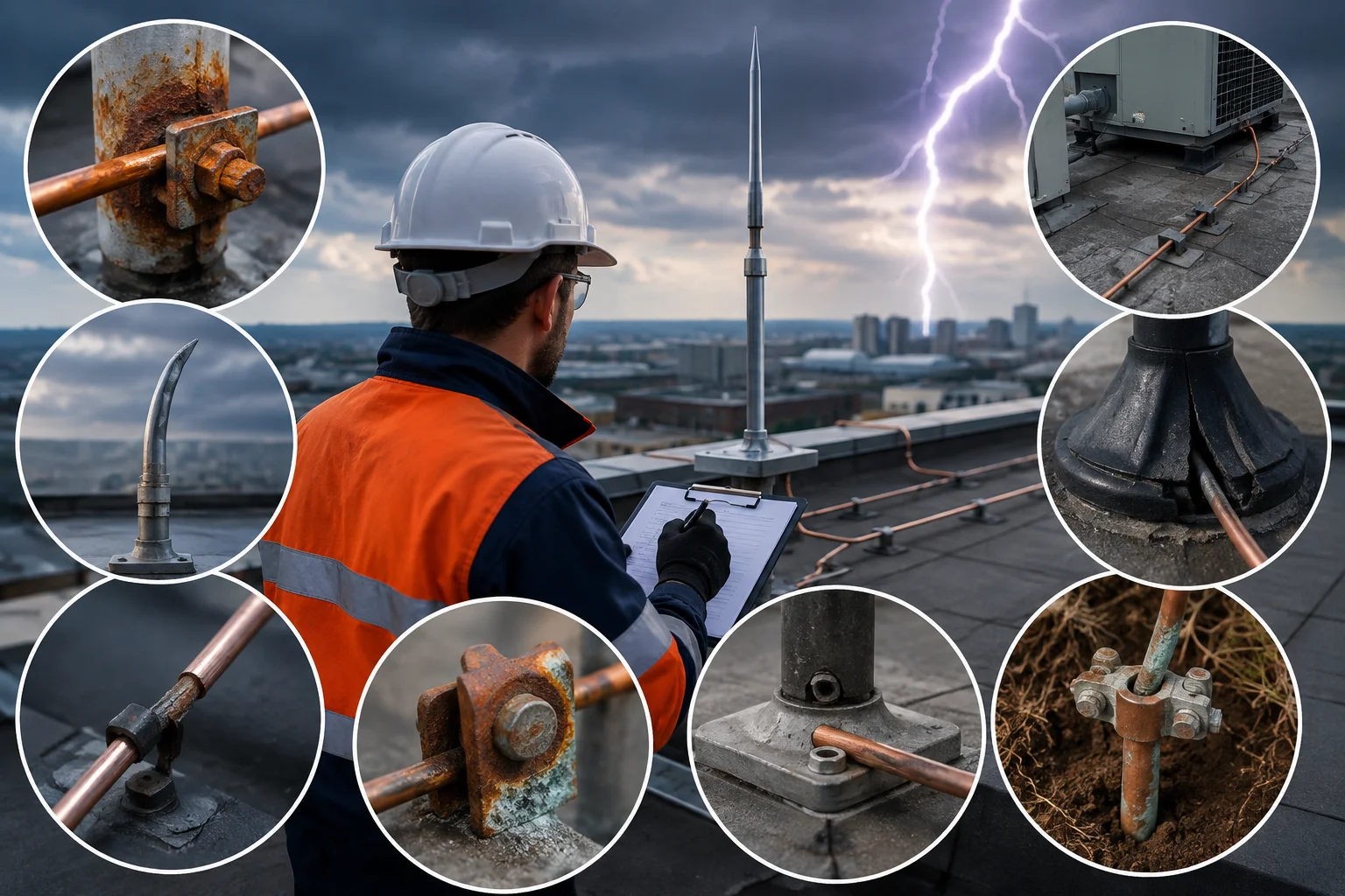 Lightning protection inspection services identifying corroded connectors, damaged conductors, grounding components, and rooftop lightning protection equipment.