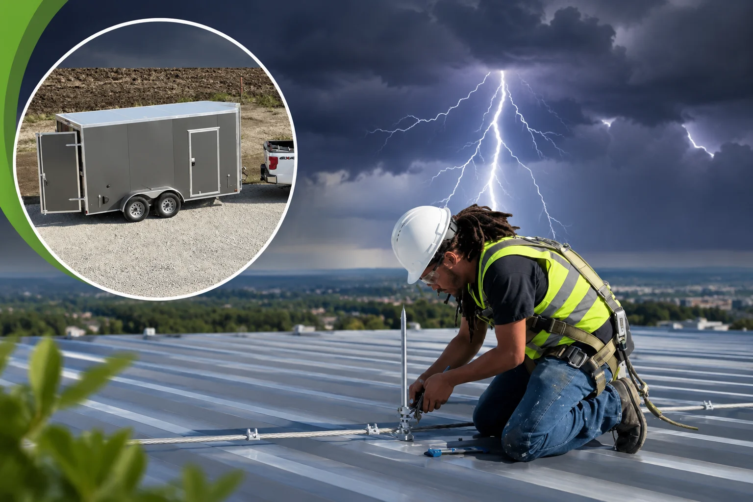 Technician performing a routine lightning protection system inspection on a commercial rooftop