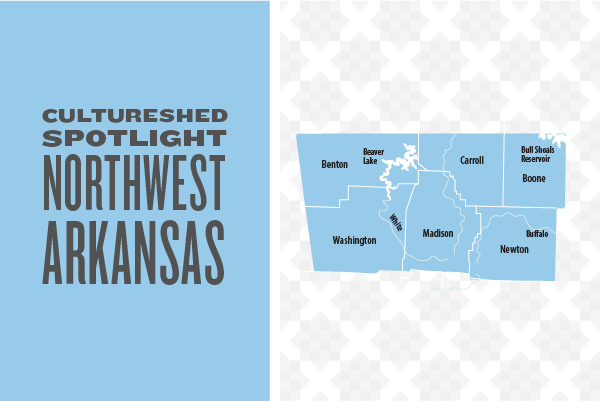 Map of Northwest Arkansas highlighting Benton, Washington, Carroll, Madison, Boone, and Newton counties with notable lakes and reservoirs.