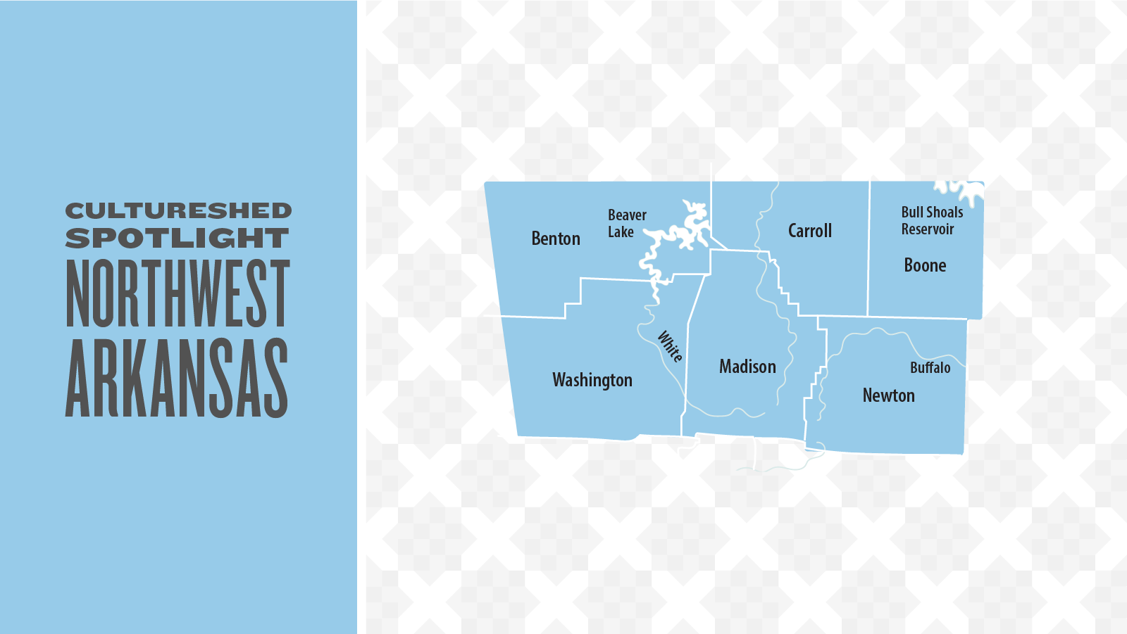 Map of Northwest Arkansas highlighting Benton, Washington, Carroll, Madison, Boone, and Newton counties with notable lakes and reservoirs.