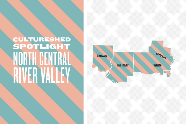 Map highlighting North Central River Valley counties Conway, Faulkner, White, and Little Red with diagonal peach and teal stripes alongside text reading Cultureshed Spotlight North Central River Valley.