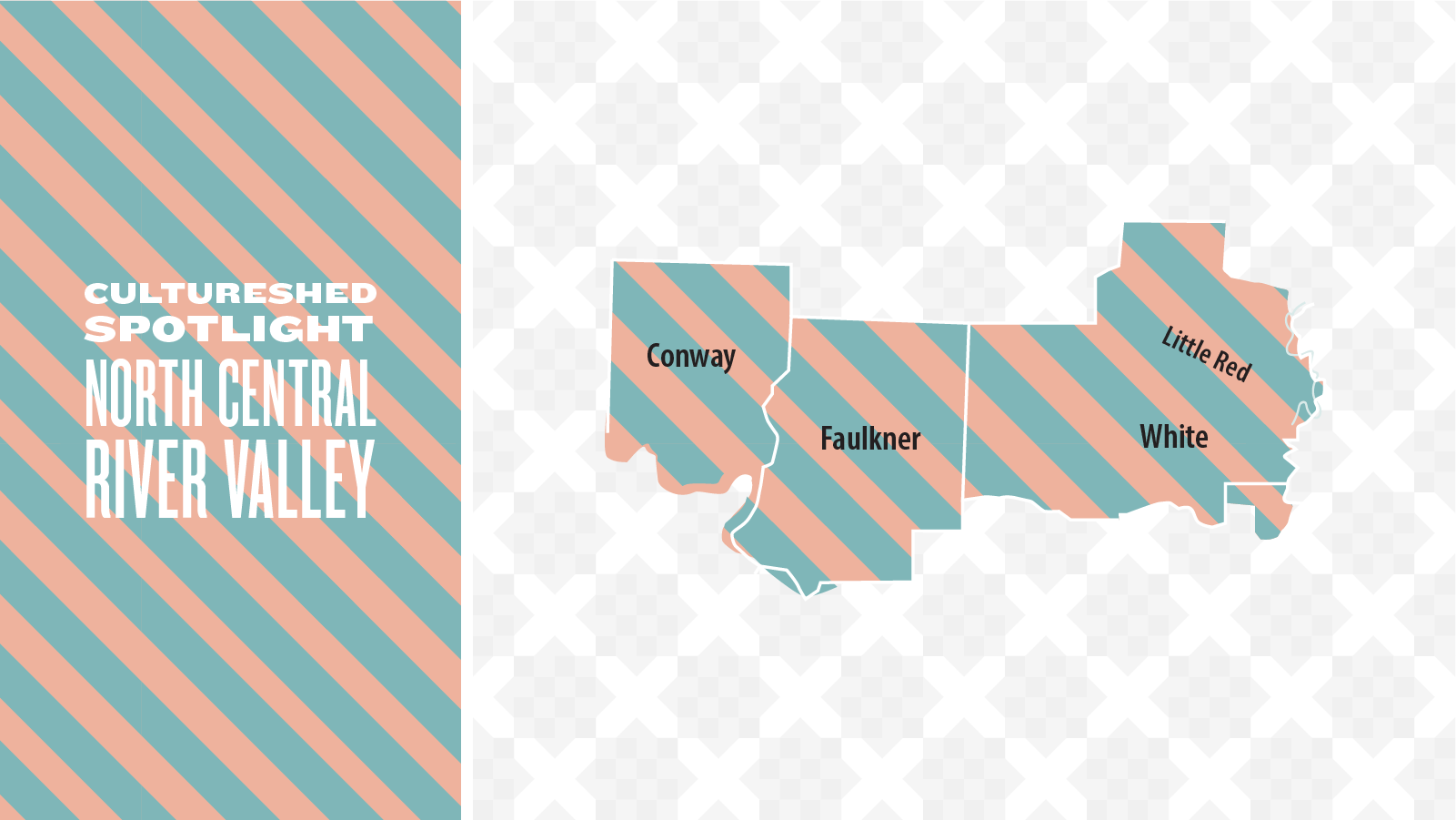 Map highlighting North Central River Valley counties Conway, Faulkner, White, and Little Red with diagonal peach and teal stripes alongside text reading Cultureshed Spotlight North Central River Valley.