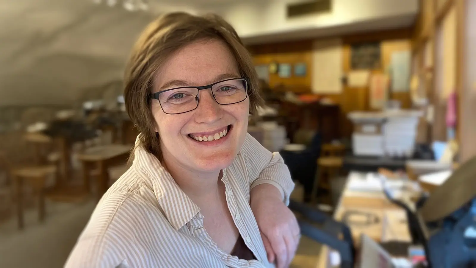 Portrait of letterpress printer Megan Lunsford in the Old Time Printshop