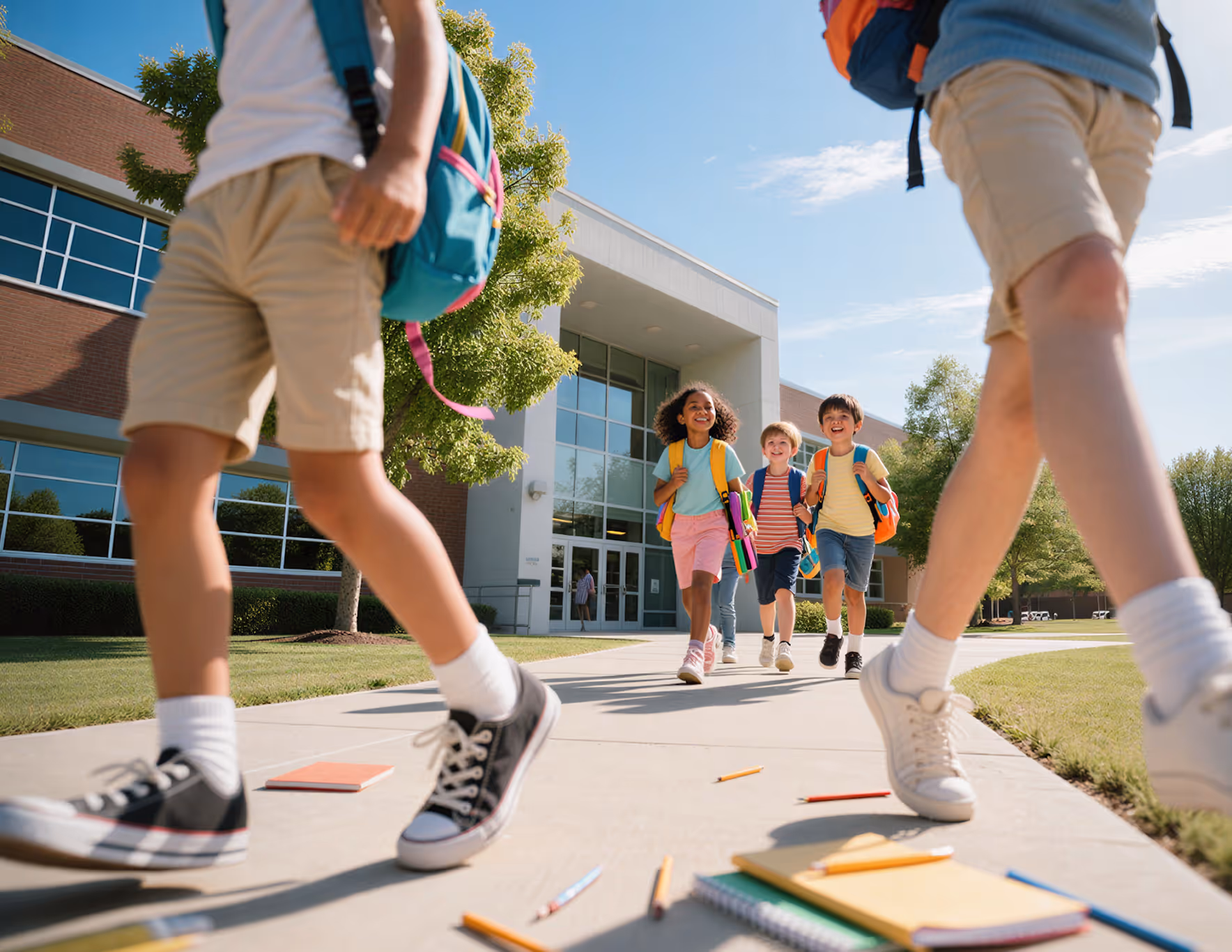 Group of smiling schoolchildren wearing backpacks walking and running on a sidewalk outside a school building on a sunny day.