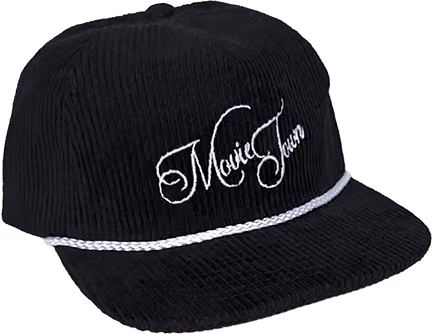 Black corduroy MovieTown hat with white font and white braided rope