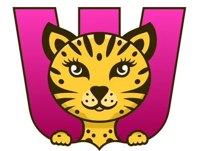 Cartoon wildcat face with eyelashes peeking over large pink letter W.