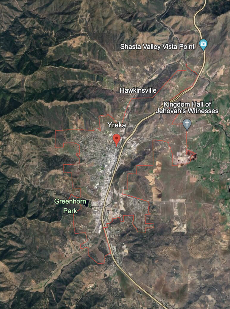 Google Earth city image of Yreka, CA Auto Transport shipping services by Victor’s Transport LLC