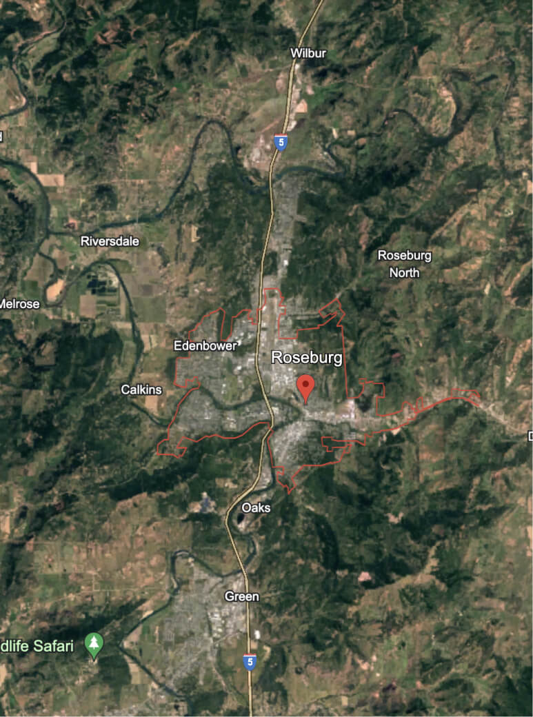 Roseburg, Oregon Google Earth Image Auto Transporting by Victor’s Transport LLC