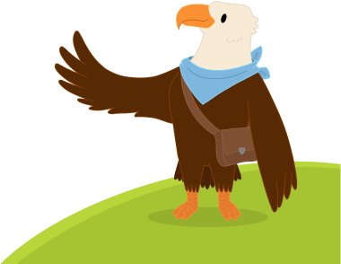 Illustrated eagle character pointing left