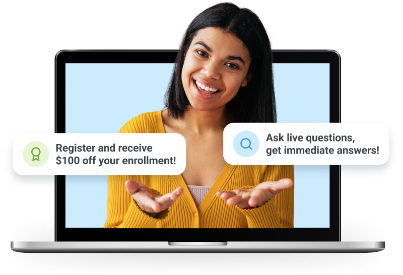Smiling woman on a laptop screen promoting $100 off enrollment and virtual open house
