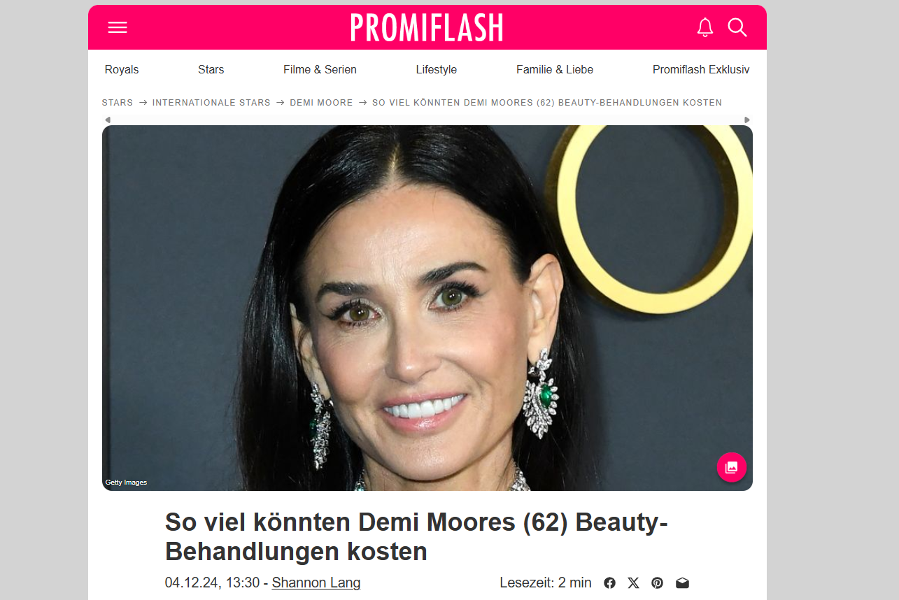Demi Moore smiling, wearing earrings, on Promiflash website with beauty treatments cost article headline.