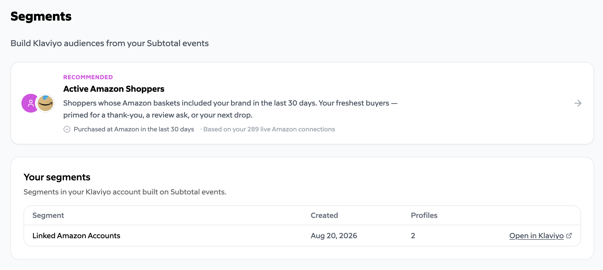 Subtotal's Segments page, showing a recommended Active Amazon Shoppers segment and a table of segments built on Subtotal events.