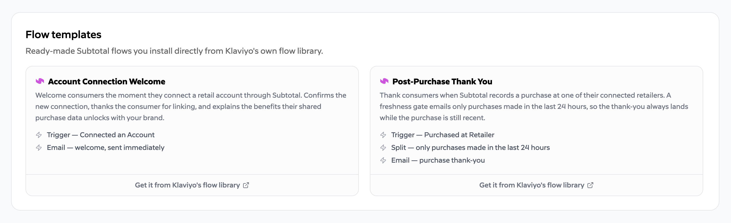 Subtotal's flow templates: Account Connection Welcome and Post-Purchase Thank You, each installable from Klaviyo's flow library.
