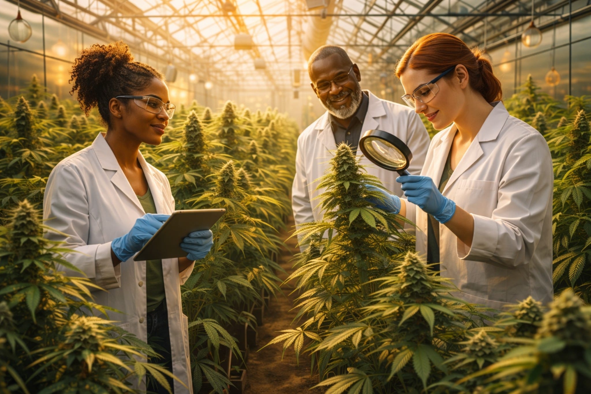 Three Cannabis House cultivation professionals at a premium cannabis cultivation facility — one inspecting top shelf flower, one documenting quality checks, and one overseeing operations — producing the finest cannabis available for pickup at our licensed dispensary near USC in Los Angeles