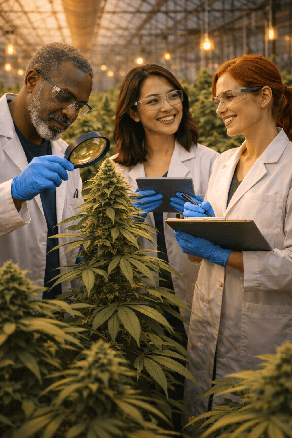Cannabis expert carefully examining premium quality cannabis flower at a cultivation facility — sourced and available at Cannabis House licensed dispensary near USC in Los Angeles