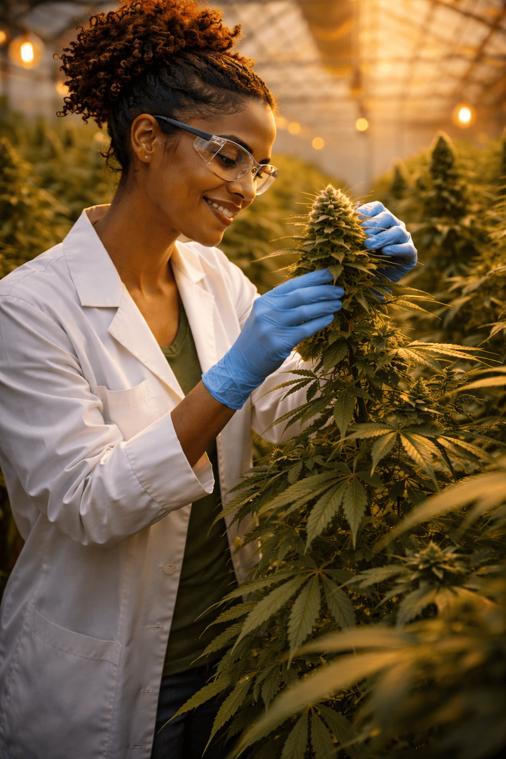 Cannabis cultivation expert inspecting premium cannabis flower at a Cannabis House partner facility — the highest quality flower available at our licensed dispensary near USC in Los Angele