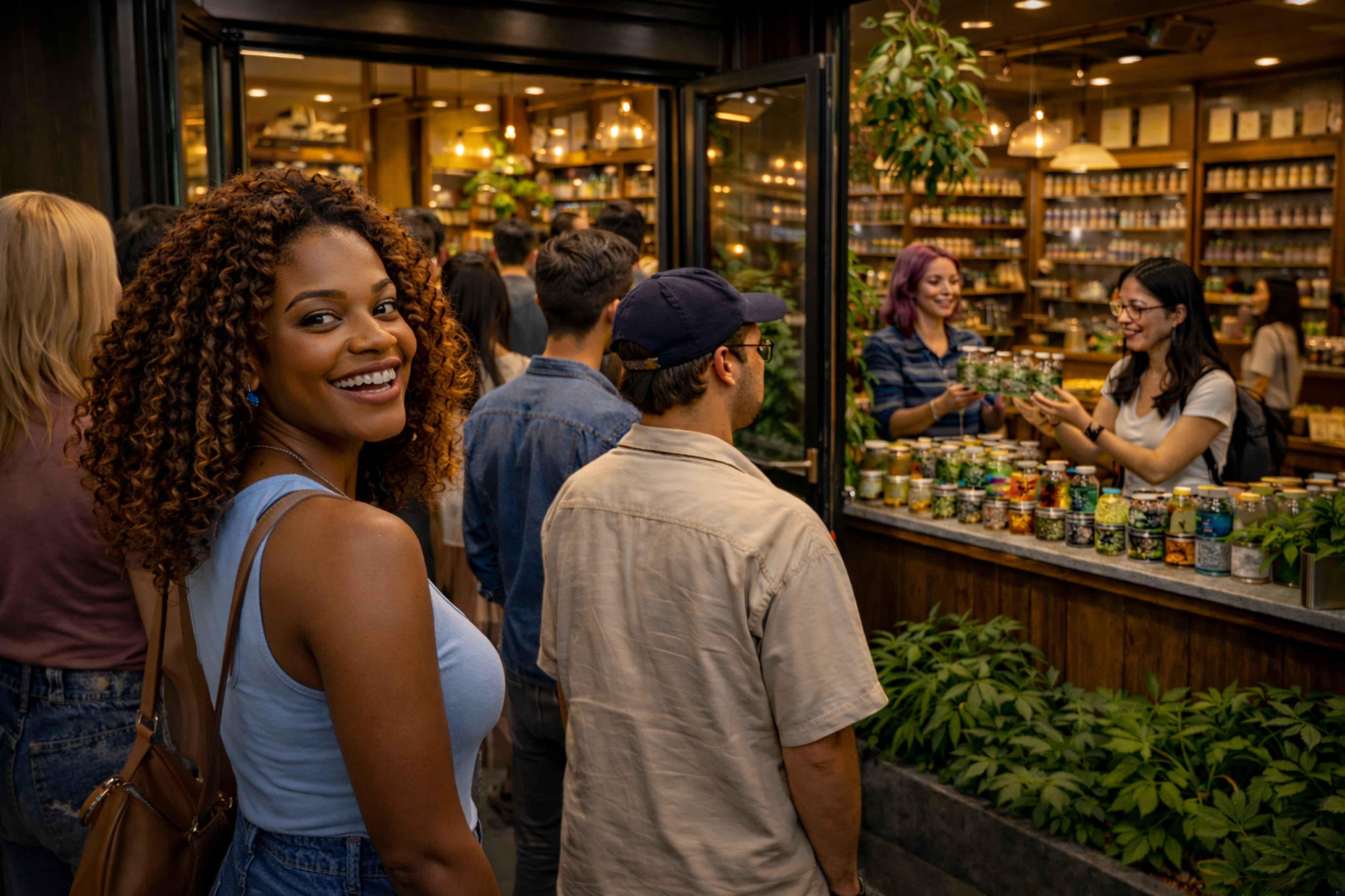 Customer looking back at the camera in front of a packed Cannabis House with a long line of deal seekers outside — the best cannabis deals and rewards program in Los Angeles near USC