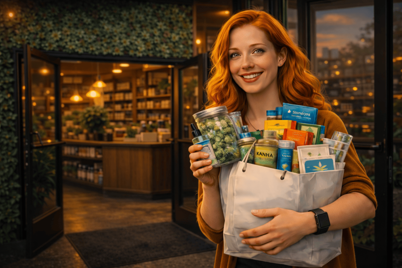 Customer leaving Cannabis House with bags full of cannabis deals and rewards earned through the loyalty program at our licensed dispensary near USC in Los Angeles