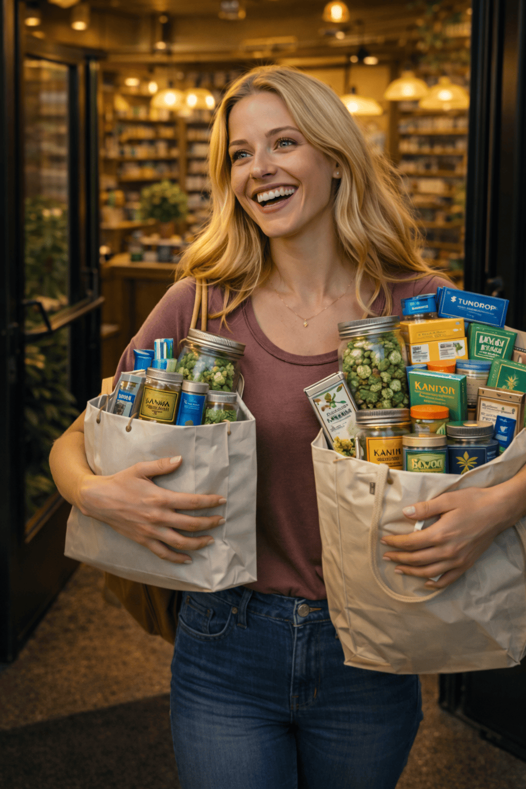 Customer exiting Cannabis House with bags full of cannabis deals earned through the loyalty rewards program at our licensed dispensary near USC in Los Angeles