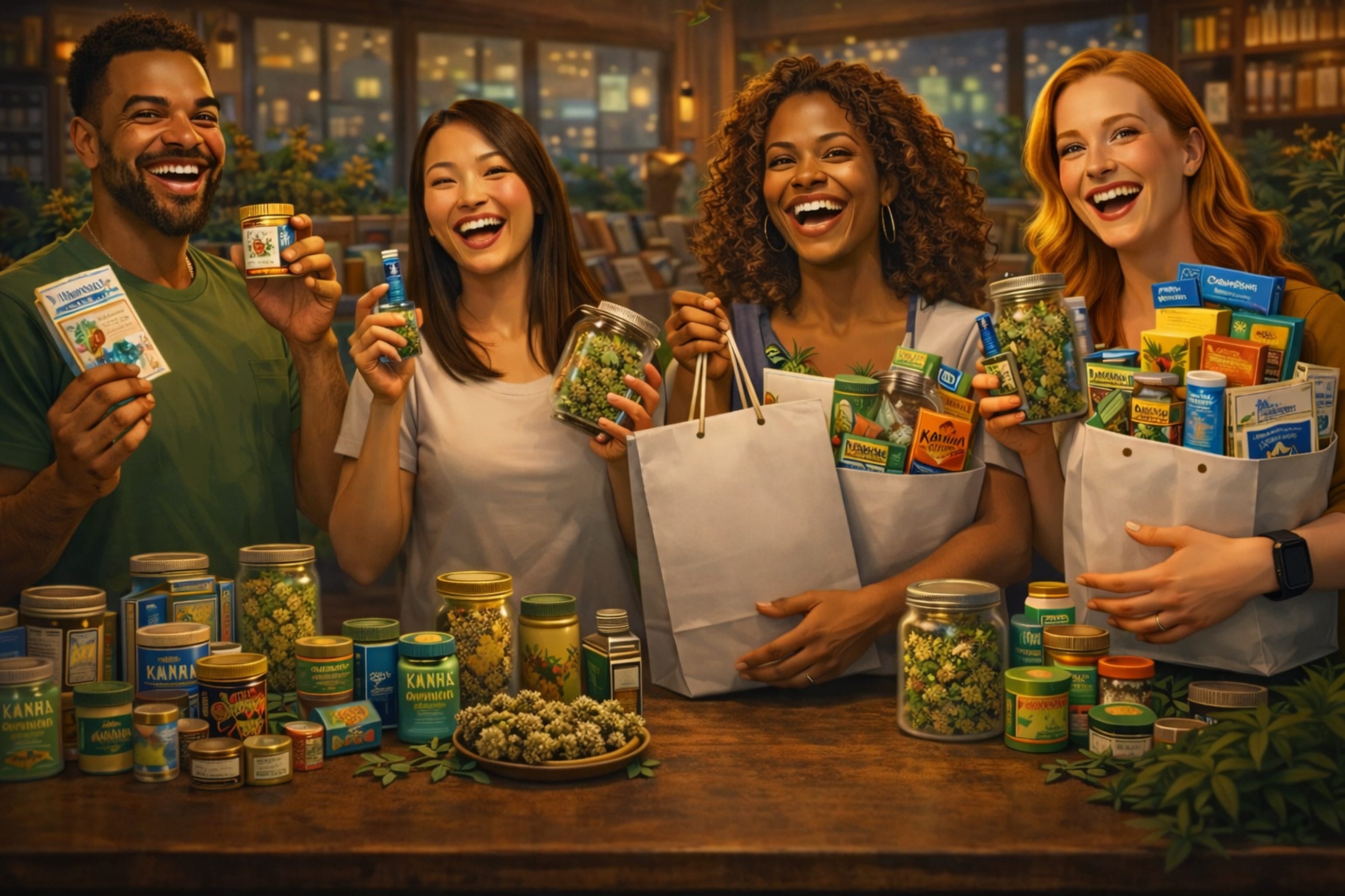 Four happy customers smiling with bags full of cannabis deals received through the Cannabis House rewards program at our licensed dispensary near USC in Los Angeles