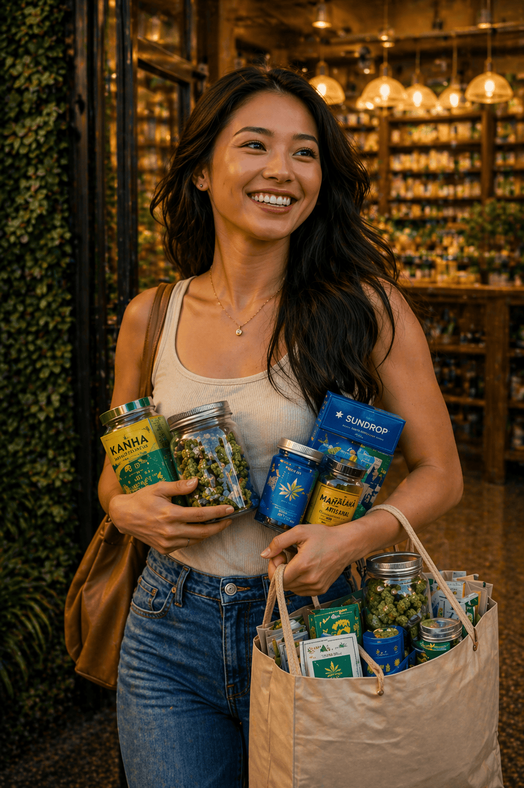 Customer leaving Cannabis House with arms and bags full of cannabis deals and savings at our licensed dispensary near USC in Los Angeles