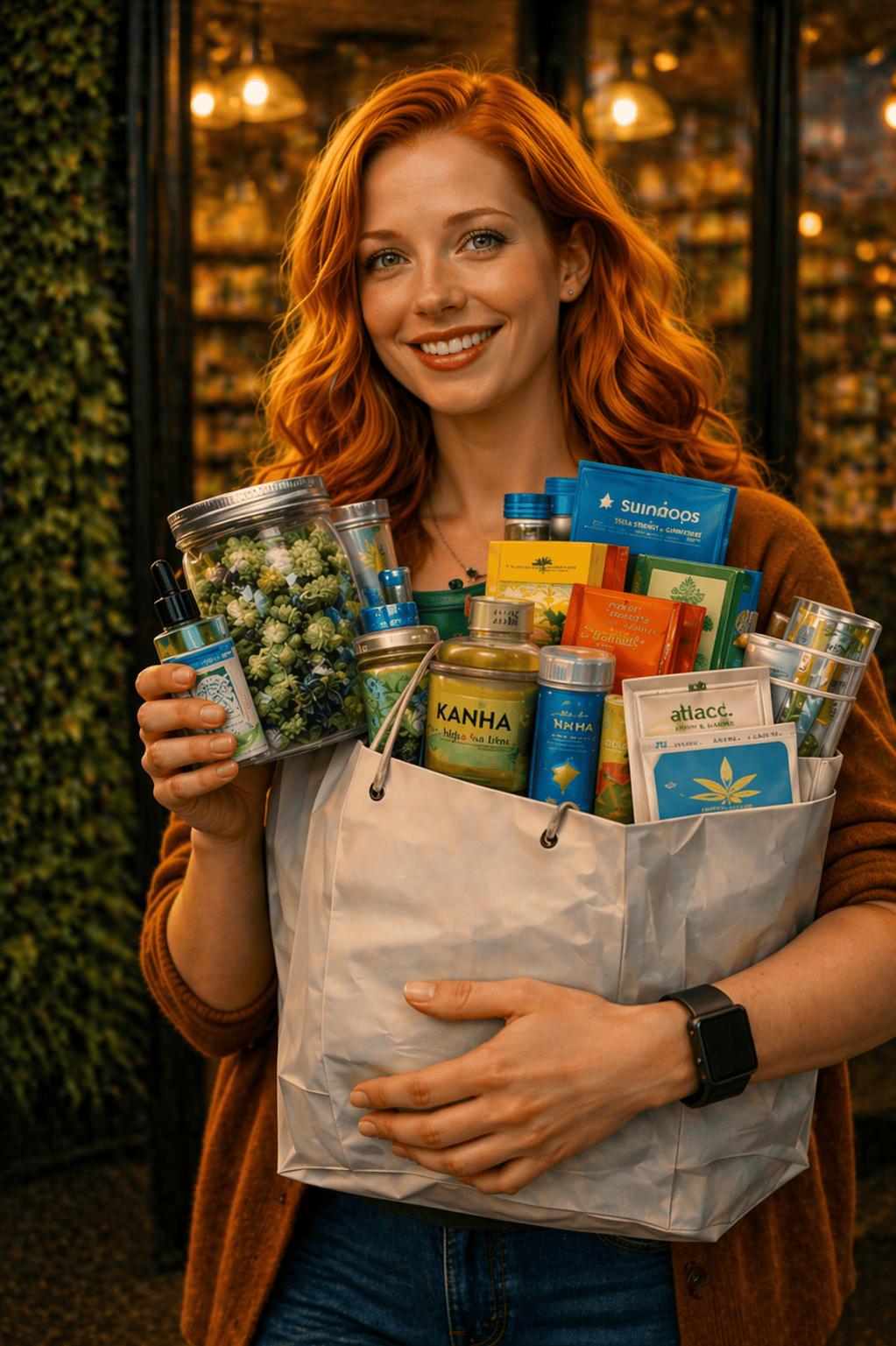 Happy customer leaving Cannabis House with hands and bags full of deals on premium cannabis flower, edibles, pre-rolls, vapes, and concentrates near USC in Los Angeles