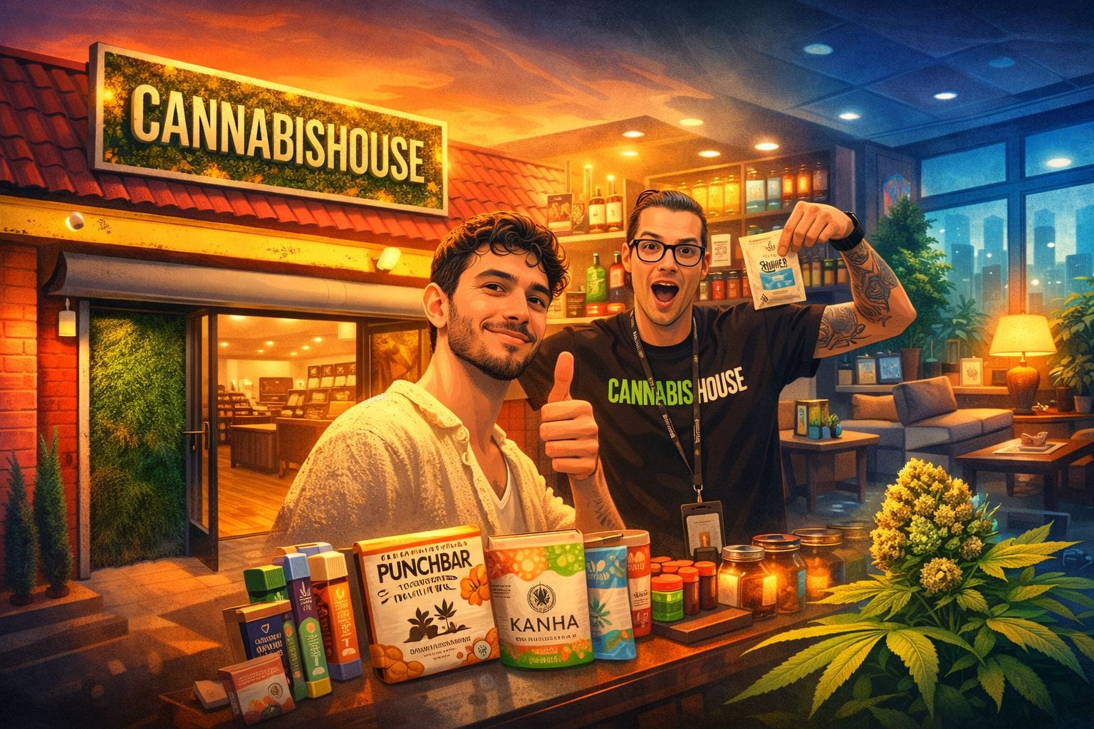 Happy customer and Cannabis House cannabis consultant smiling together with a large selection of premium cannabis products at our top rated Los Angeles dispensary near USC in 2026