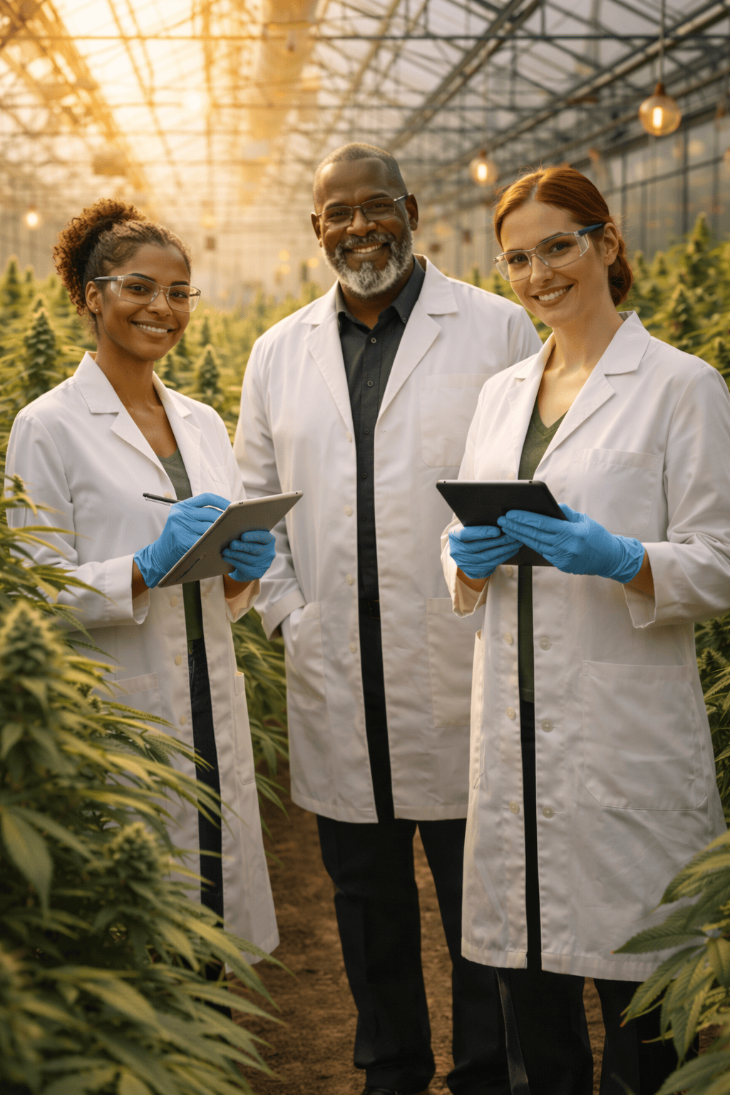 Three professional cannabis cultivation experts at a Cannabis House partner facility examining premium quality flower available at our licensed dispensary near USC in Los Angeles