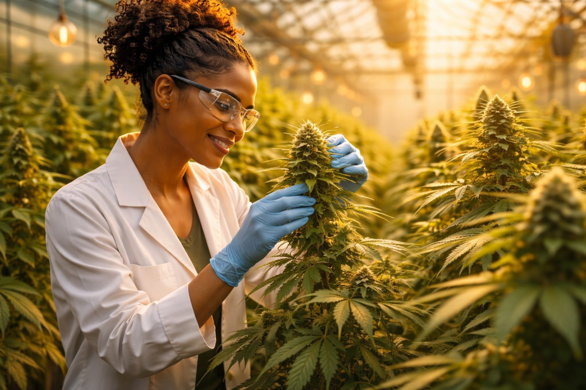 Professional cannabis cultivator examining premium quality cannabis flower in a cultivation lab — the source of top shelf flower available at Cannabis House near USC in Los Angeles