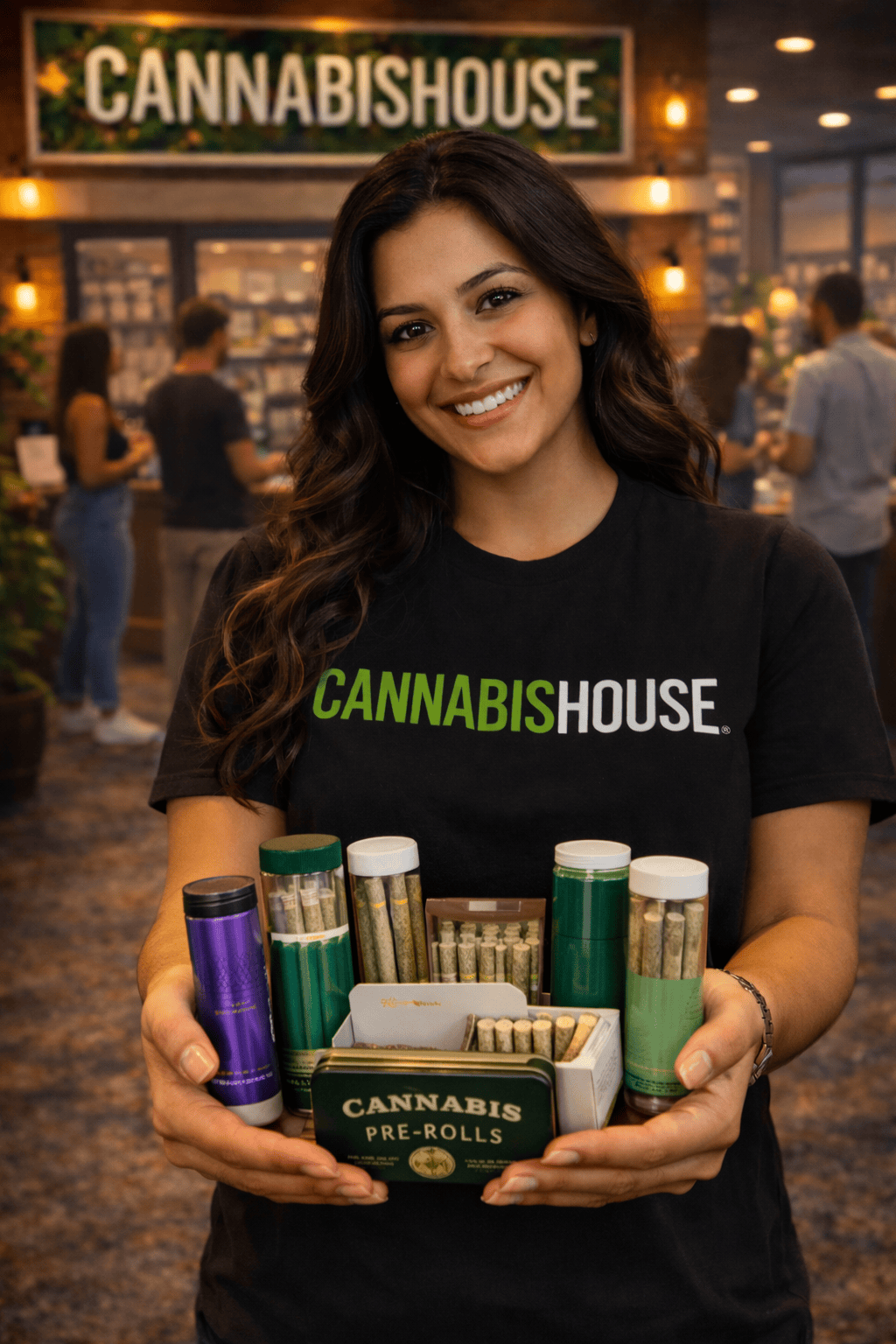 Cannabis House cannabis consultant holding and displaying a variety of premium cannabis pre-roll options available at our licensed dispensary near USC in Los Angeles
