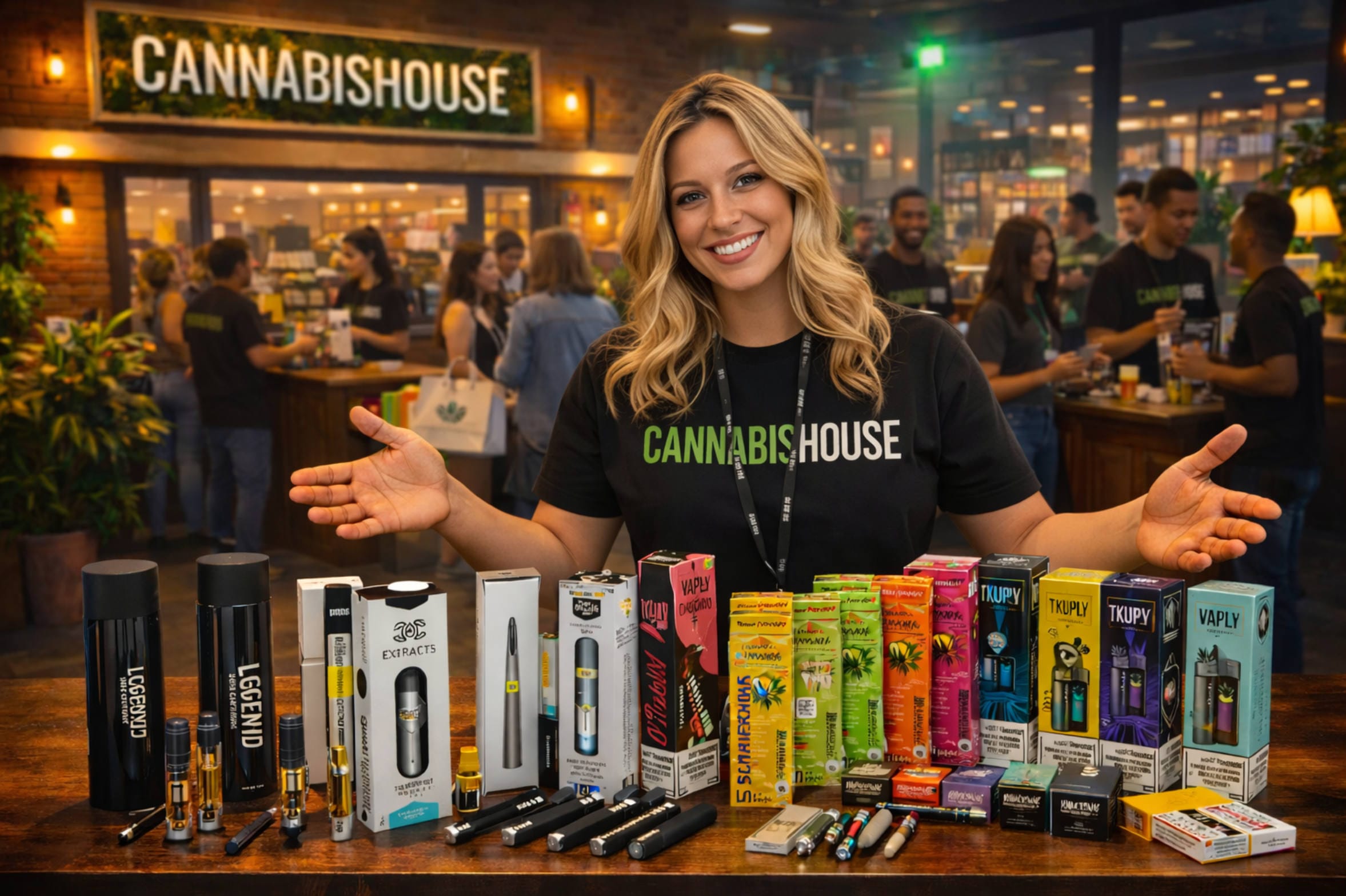 Cannabis House cannabis consultant showcasing Los Angeles's largest selection of premium cannabis vaporizers and cartridges at our licensed dispensary near USC