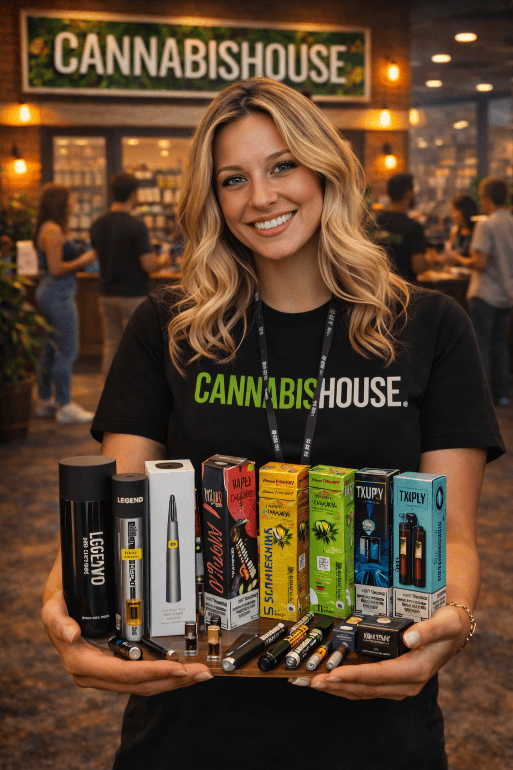 Cannabis House cannabis consultant holding a selection of premium cannabis vaporizers including Stiiizy, Jeeter, and top brand vape cartridges at our licensed dispensary near USC in Los Angeles