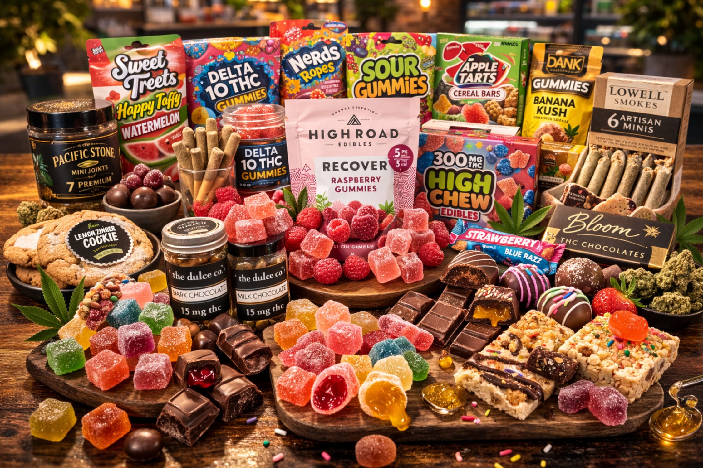 Large selection of premium cannabis edibles including fruits, candies, gummies, cookies, cakes, and baked goods available at Cannabis House near USC in Los Angeles