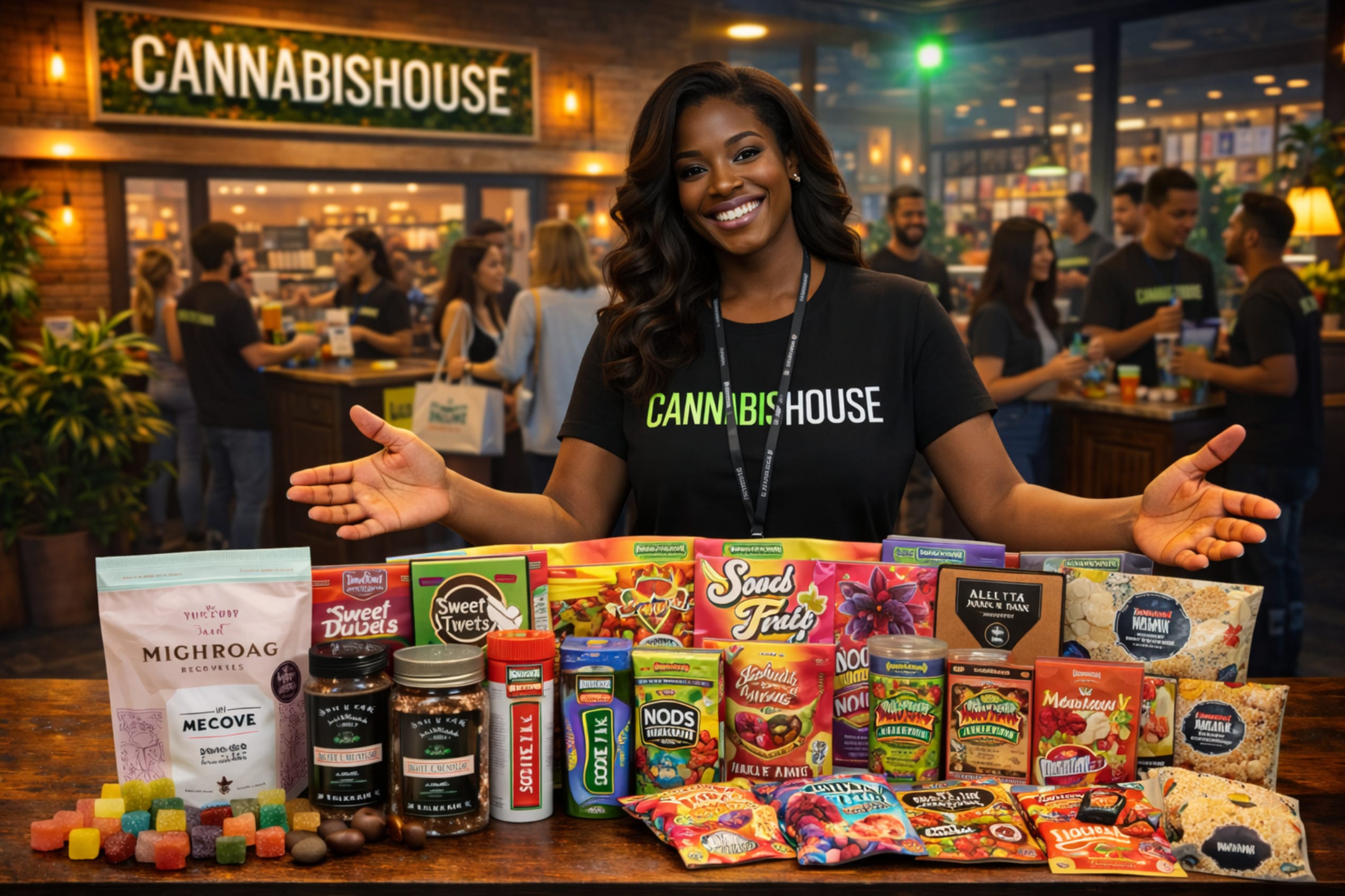 Cannabis House cannabis consultant showcasing Los Angeles's largest selection of premium cannabis edibles on the counter at our licensed dispensary near USC