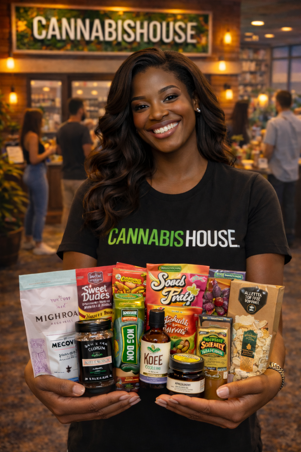 Cannabis House cannabis consultant holding a huge selection of premium cannabis edibles including cakes, cookies, and gummies at our licensed dispensary near USC in Los Angeles