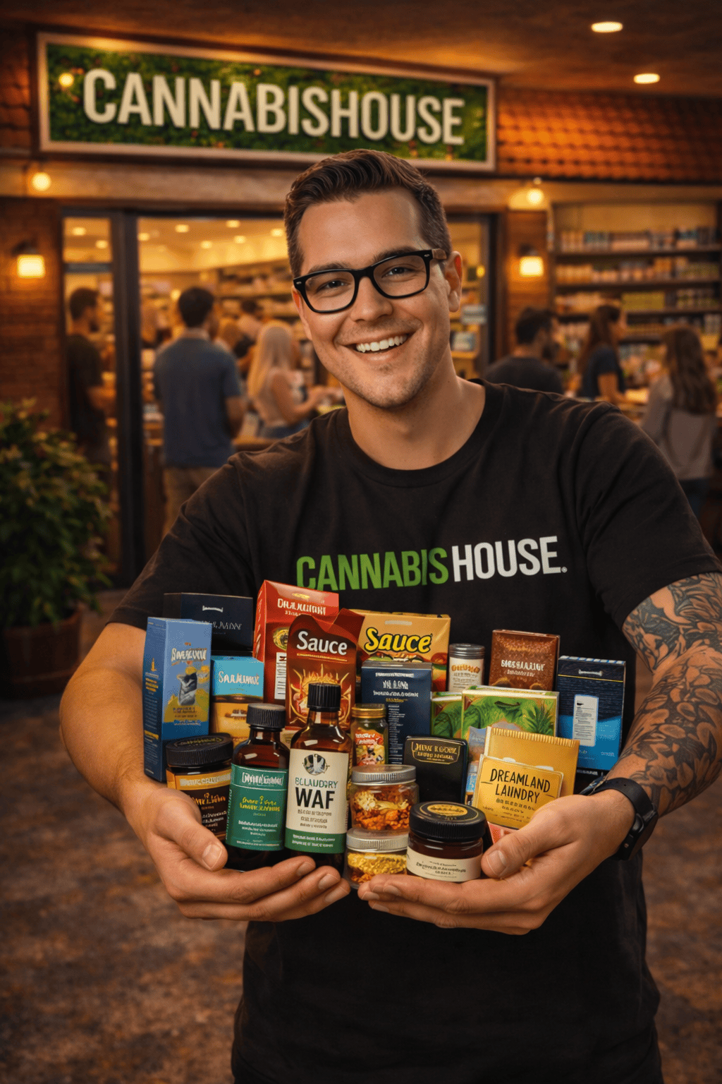Cannabis House cannabis consultant holding a variety of premium cannabis concentrate options at our licensed dispensary near USC in Los Angeles