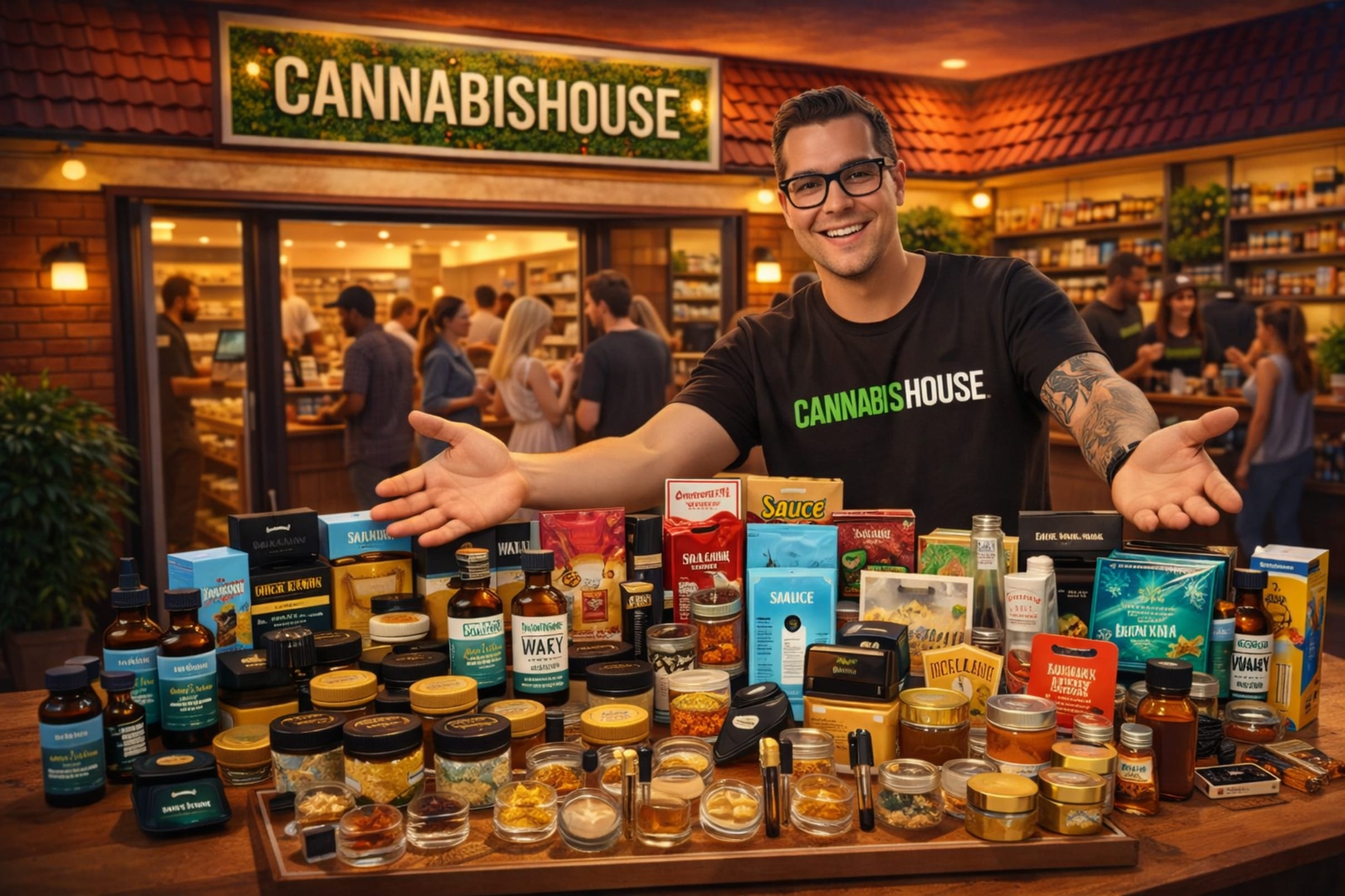 Cannabis House cannabis consultant showcasing an enormous selection of premium cannabis concentrates on the counter at our licensed dispensary near USC in Los Angeles