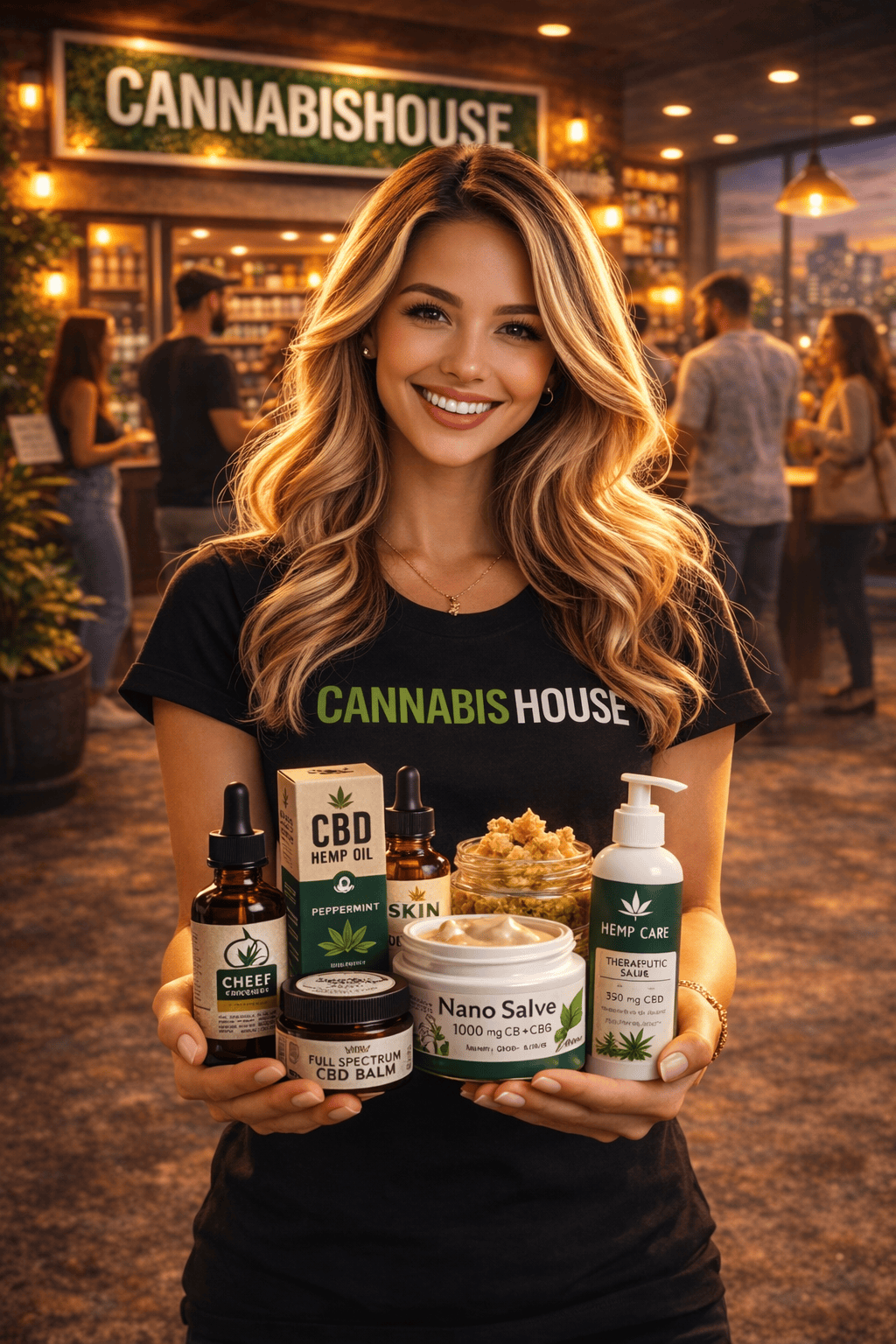 Cannabis House cannabis consultant holding a variety of premium cannabis topical products at our licensed dispensary near USC in Los Angeles