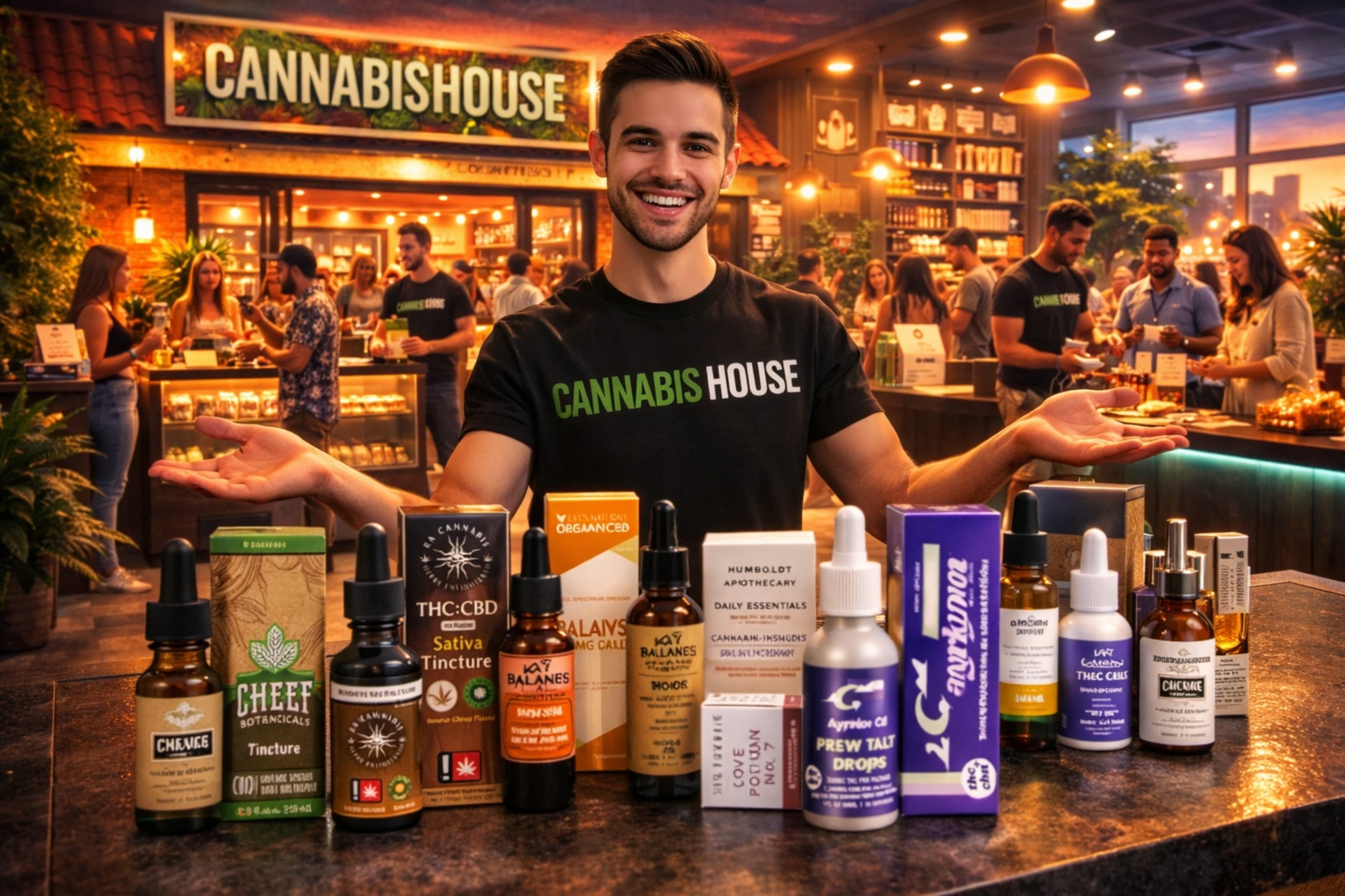 Cannabis House cannabis consultant showcasing an extensive selection of cannabis tinctures on the counter at our licensed dispensary near USC in Los Angeles