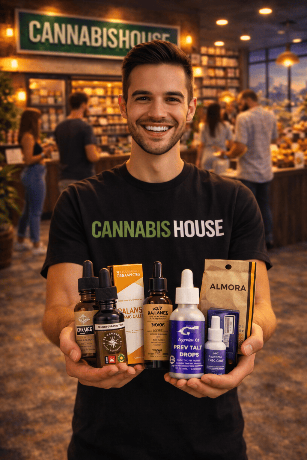 Cannabis House cannabis consultant holding a large assortment of premium cannabis tincture products at our licensed dispensary near USC in Los Angeles