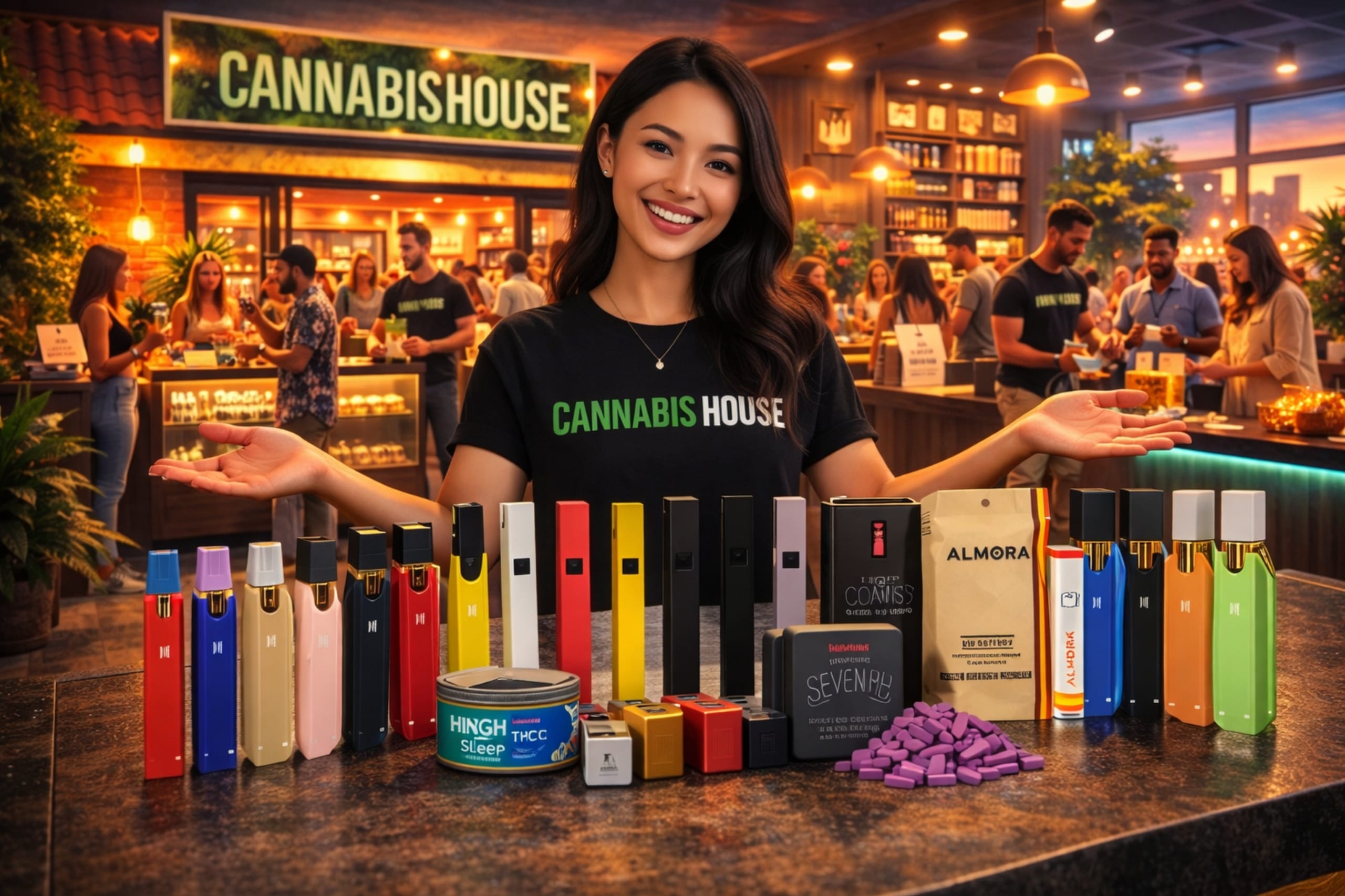 Cannabis accessories including batteries, cartridges, and vape carts displayed on the Cannabis House counter at our licensed dispensary near USC in Los Angeles