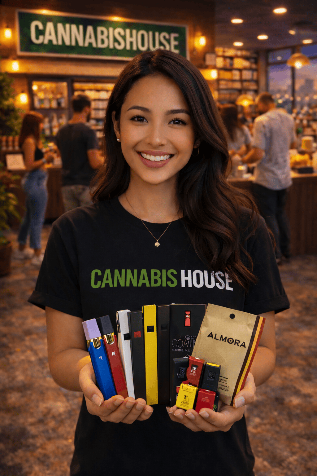 Cannabis House cannabis consultant holding a selection of accessories including batteries, cartridges, and vape carts at our licensed dispensary near USC in Los Angeles