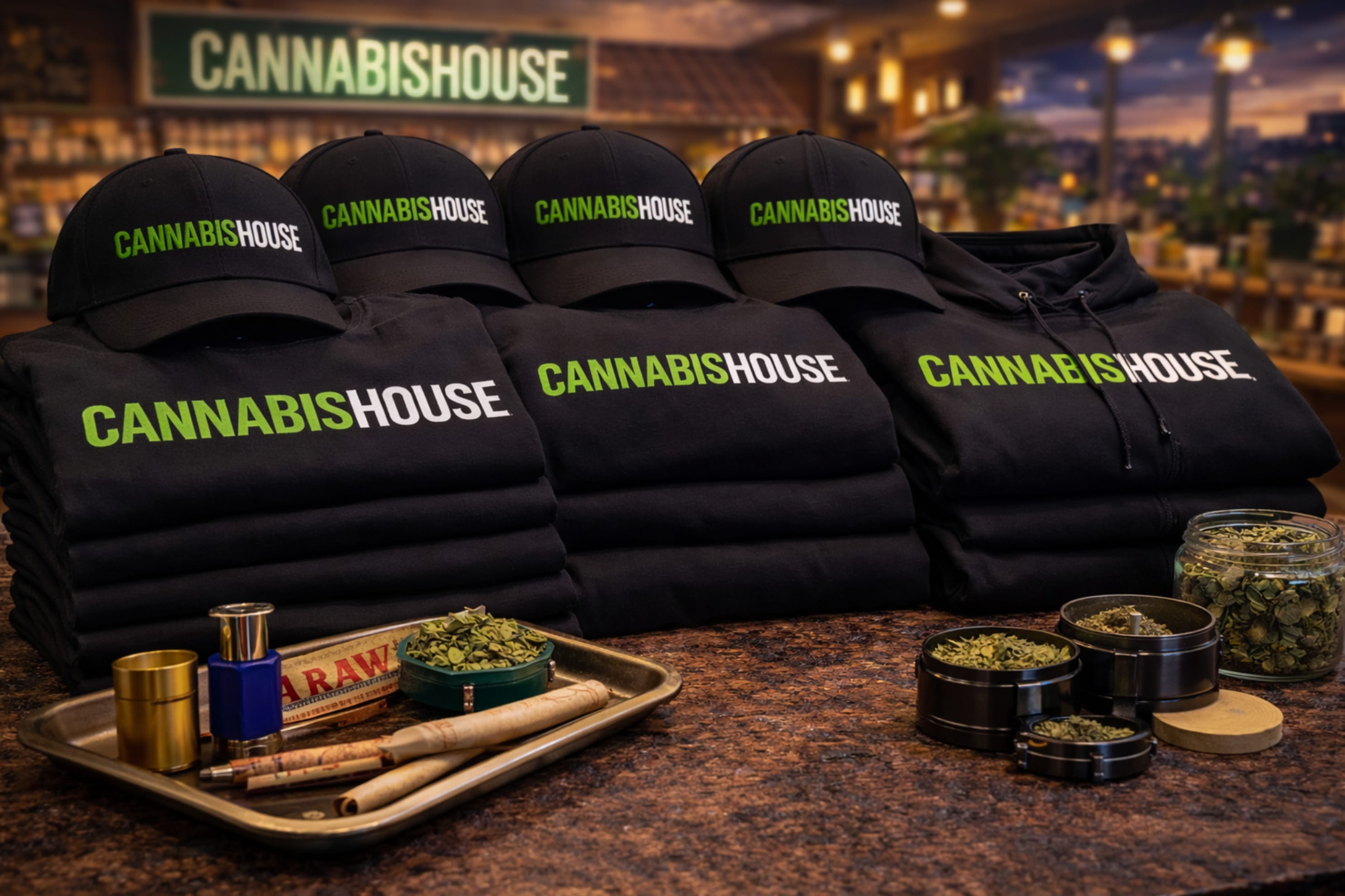 Stacked Cannabis House branded t-shirts, long sleeve shirts, hoodies, and hats — cannabis apparel bundles available at our Los Angeles dispensary near USC