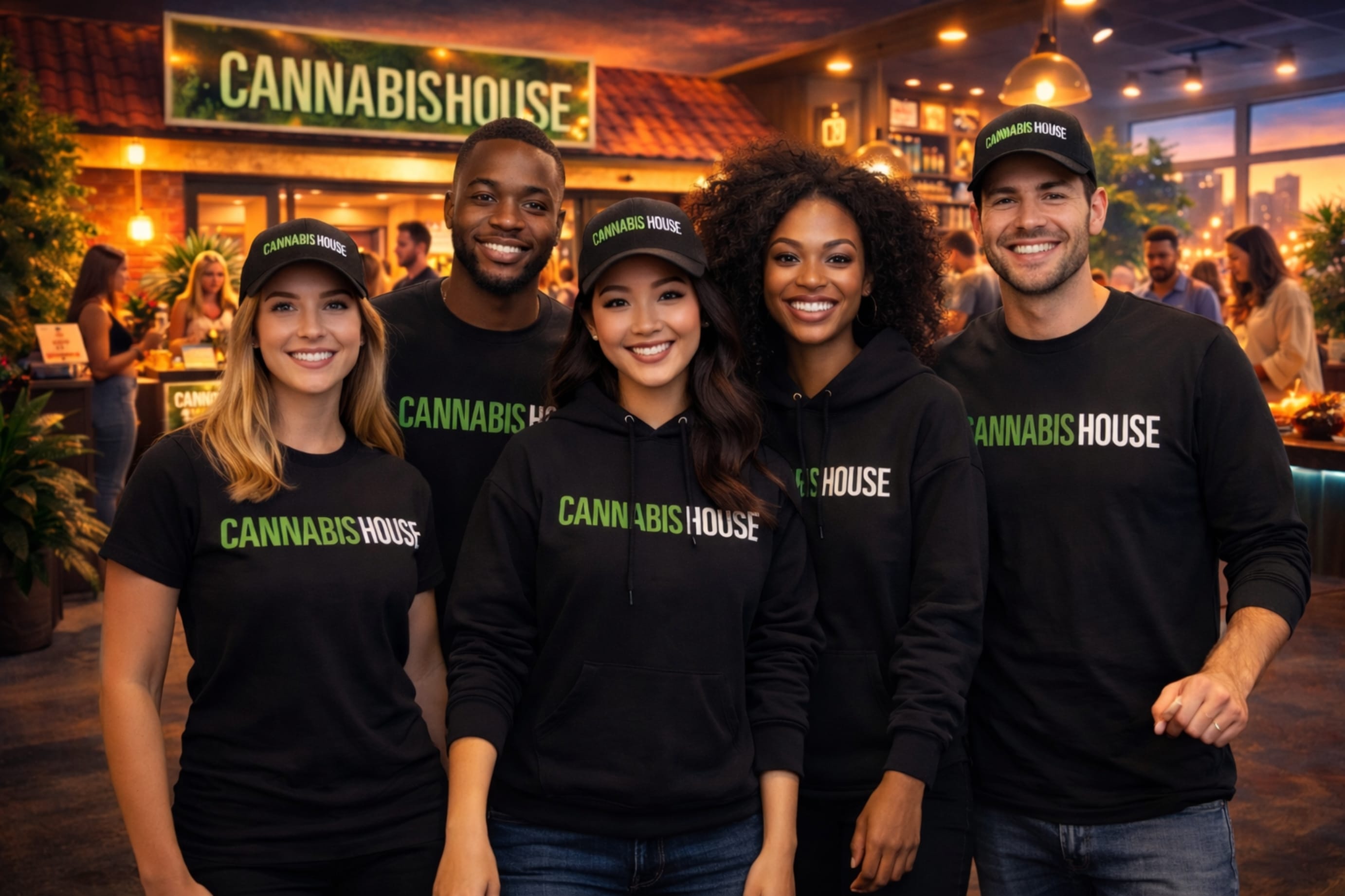 Cannabis House team members wearing branded t-shirts, hats, long sleeve shirts, and hoodies — full cannabis apparel merchandise collection available near USC in Los Angeles