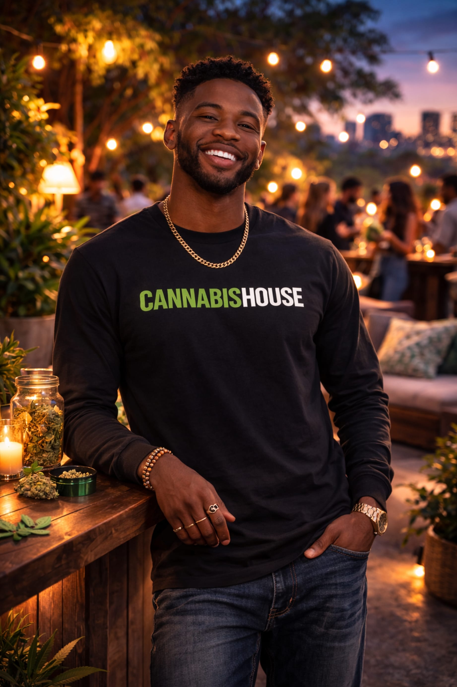 Cannabis House unisex long sleeve shirt worn by a Cannabis House team member — branded cannabis apparel available at our Los Angeles dispensary near USC