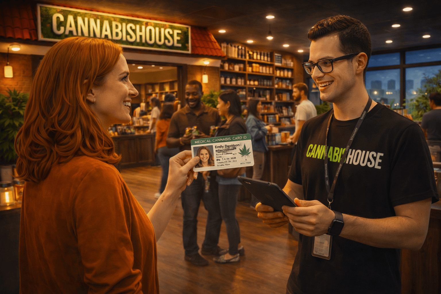 Customer presenting her medical cannabis card to a Cannabis House cannabis consultant at our licensed dispensary near USC in Los Angeles